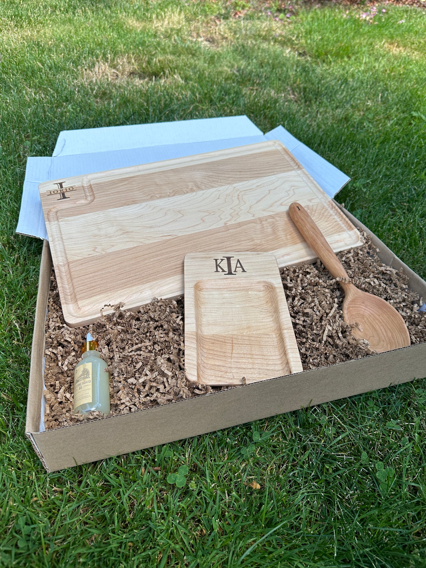 Custom Hardwood Cutting Board, Spoon, and Spoon Rest - Personalized Wedding or Housewarming Gift