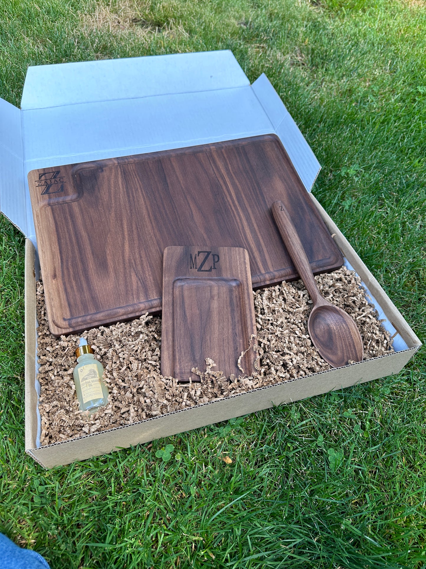 Custom Hardwood Cutting Board, Spoon, and Spoon Rest - Personalized Wedding or Housewarming Gift