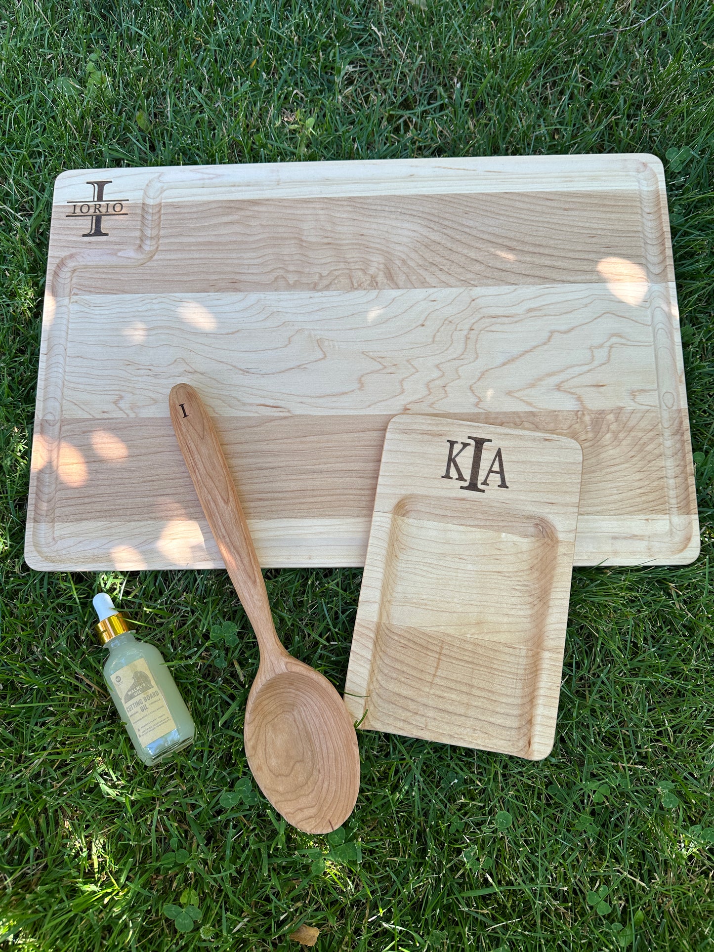 Custom Hardwood Cutting Board, Spoon, and Spoon Rest - Personalized Wedding or Housewarming Gift